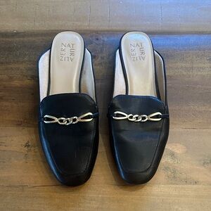 Naturalizer Black Mules with Gold Chain Accent